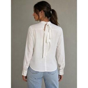 NWT Mango White Long Sleeve Mock Neck Blouse Size Small Bow Back